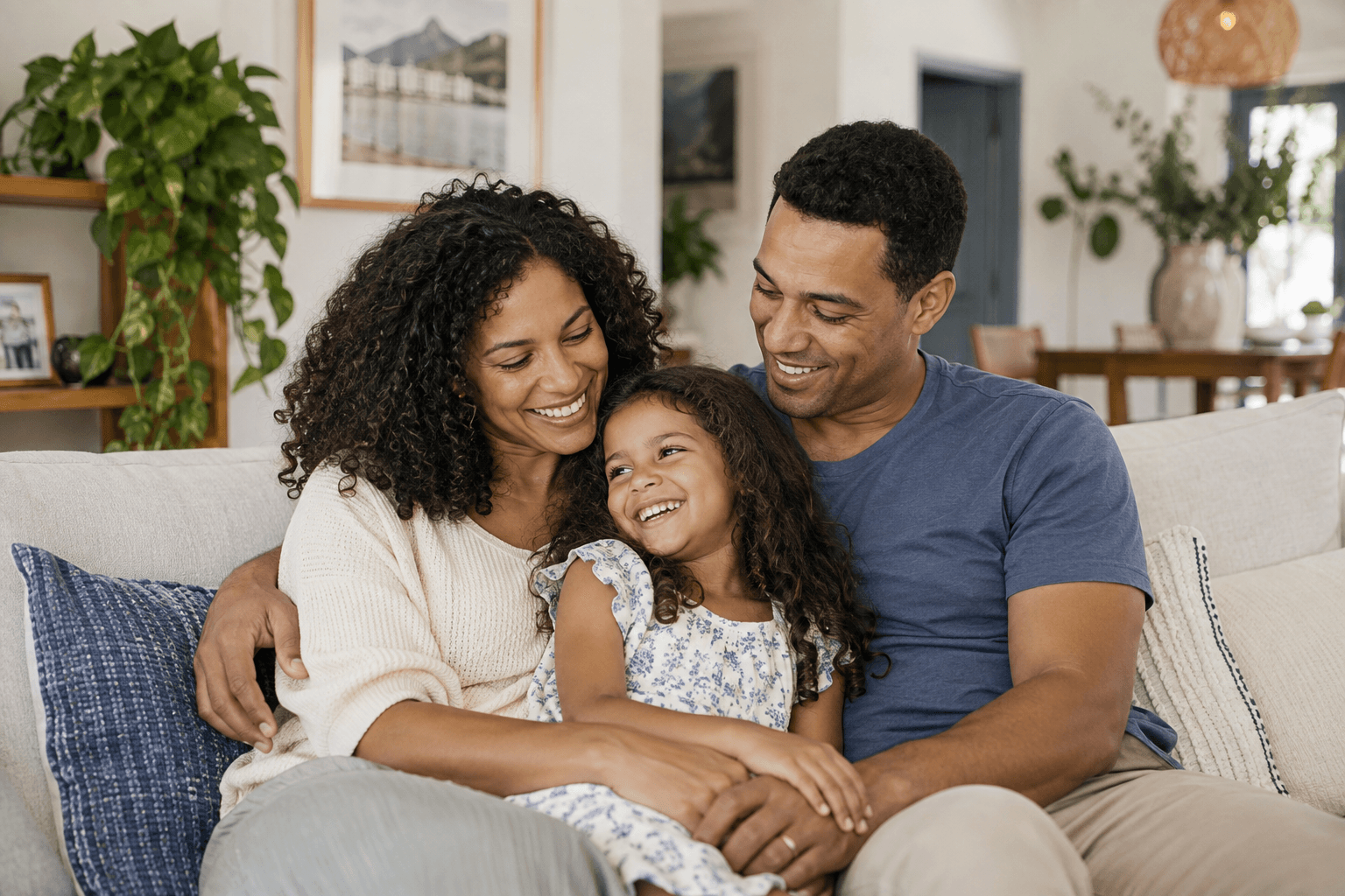 Família brasileira feliz compartilhando um momento em casa